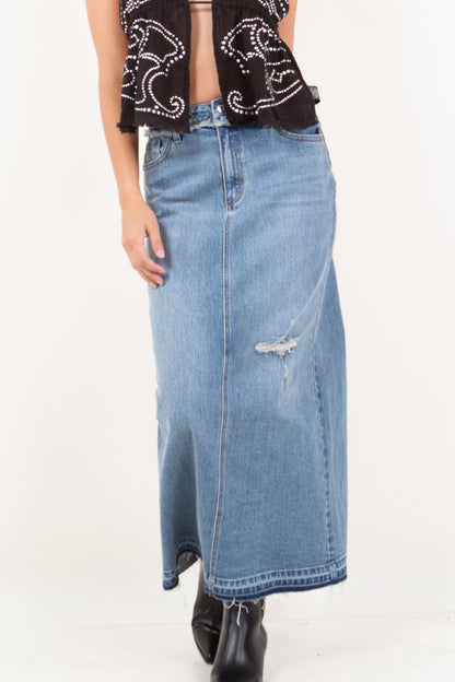 Livia Denim Maxi Skirt Frayed Waistband W/ Slit Detail view 6 - Detail Skirt (dress)