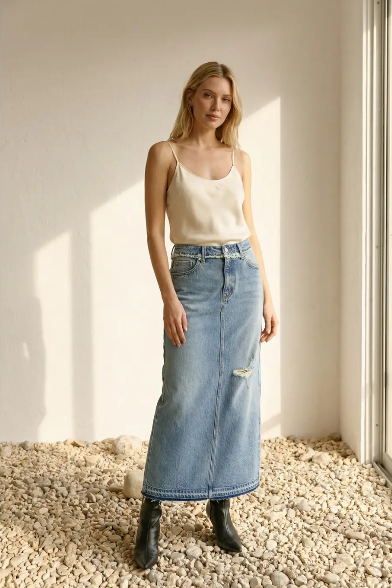 Livia Denim Maxi Skirt Frayed Waistband W/ Slit Detail view 7 - Detail Skirt (dress)