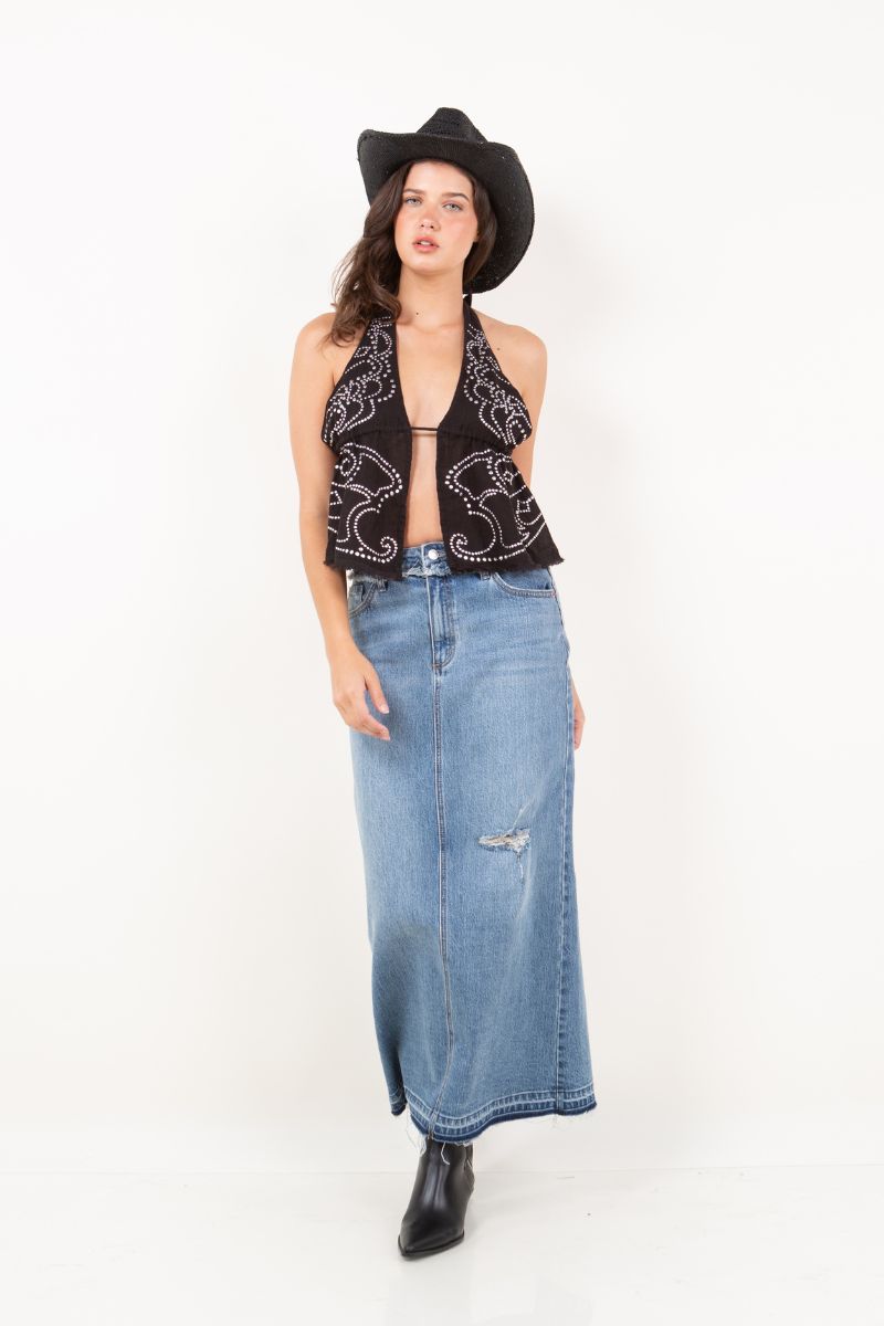 Livia Denim Maxi Skirt Frayed Waistband W/ Slit Detail view 8 - Detail Skirt (dress)