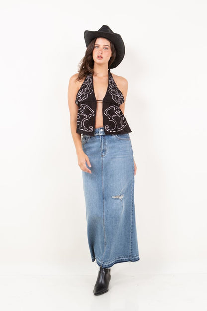Livia Denim Maxi Skirt Frayed Waistband W/ Slit Detail view 8 - Detail Skirt (dress)