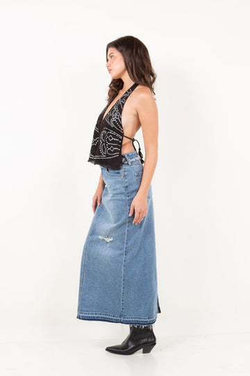 Livia Denim Maxi Skirt Frayed Waistband W/ Slit Detail Jeans - MeeeShop Women's Fashion
