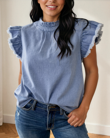 Logan Flutter Sleeve Denim Top in Beau Blue - Logan Fluff