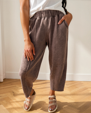 Lola Mineral Wash Seam Detail Elastic Waist Barrel Pants in Coffee - Comfort Stretch (bottom)