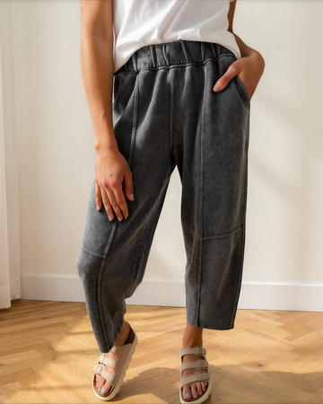Lola Mineral Wash Seam Detail Elastic Waist Barrel Pants in Coffee view 2 - Comfort Stretch (bottom)