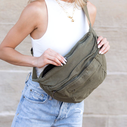 London Oversized Canvas Crescent Sling in Olive view 4 - Relaxed Fit (bag)