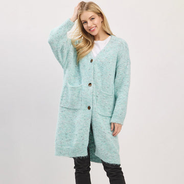 Long Button Front Soft Cozy Oversized Cardigan Top in Mint view 2 - Relaxed Fit - Long Button Cardigan Womens