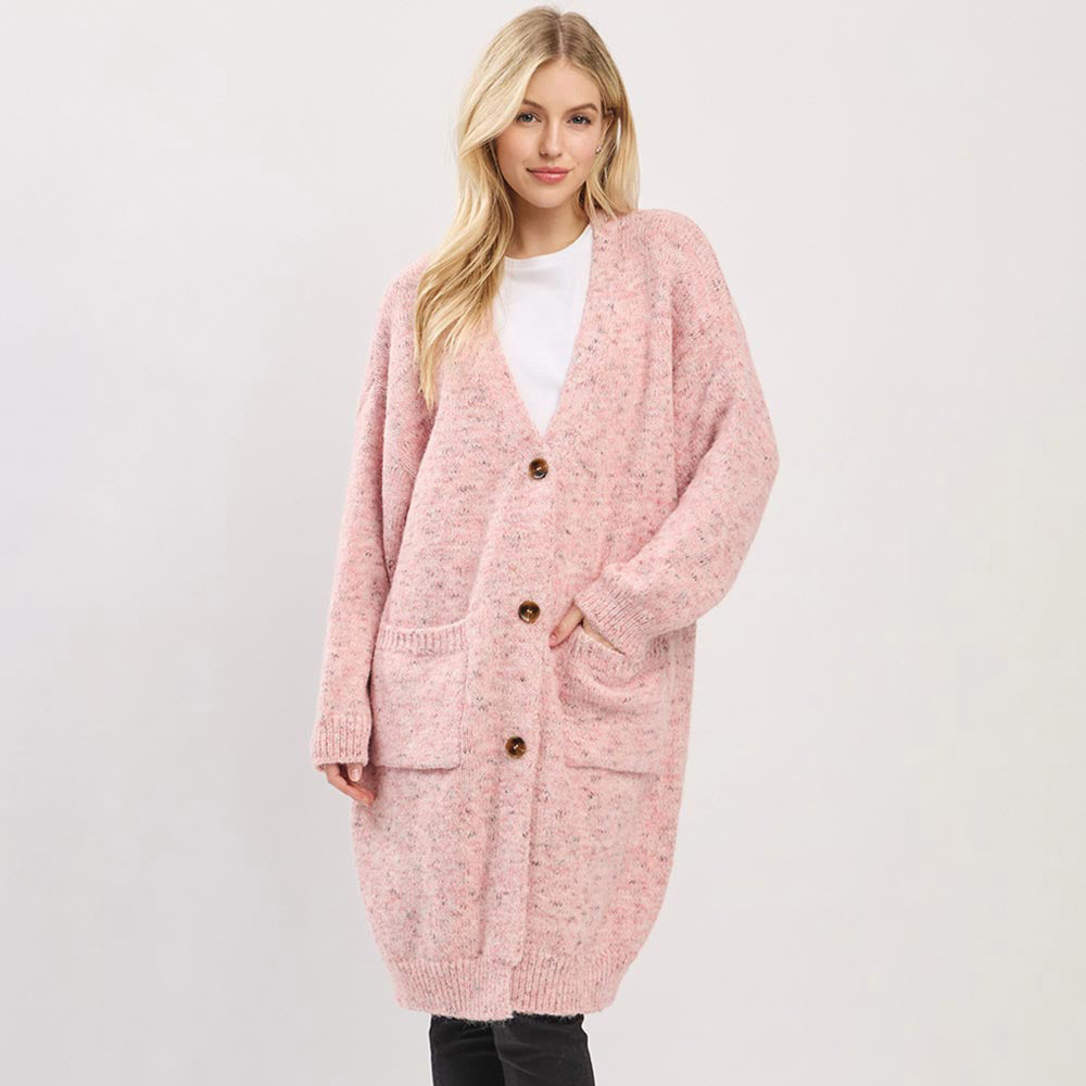 Long Button Front Soft Cozy Oversized Cardigan Top in Pink view 3 - Relaxed Fit - Long Button Cardigan Womens