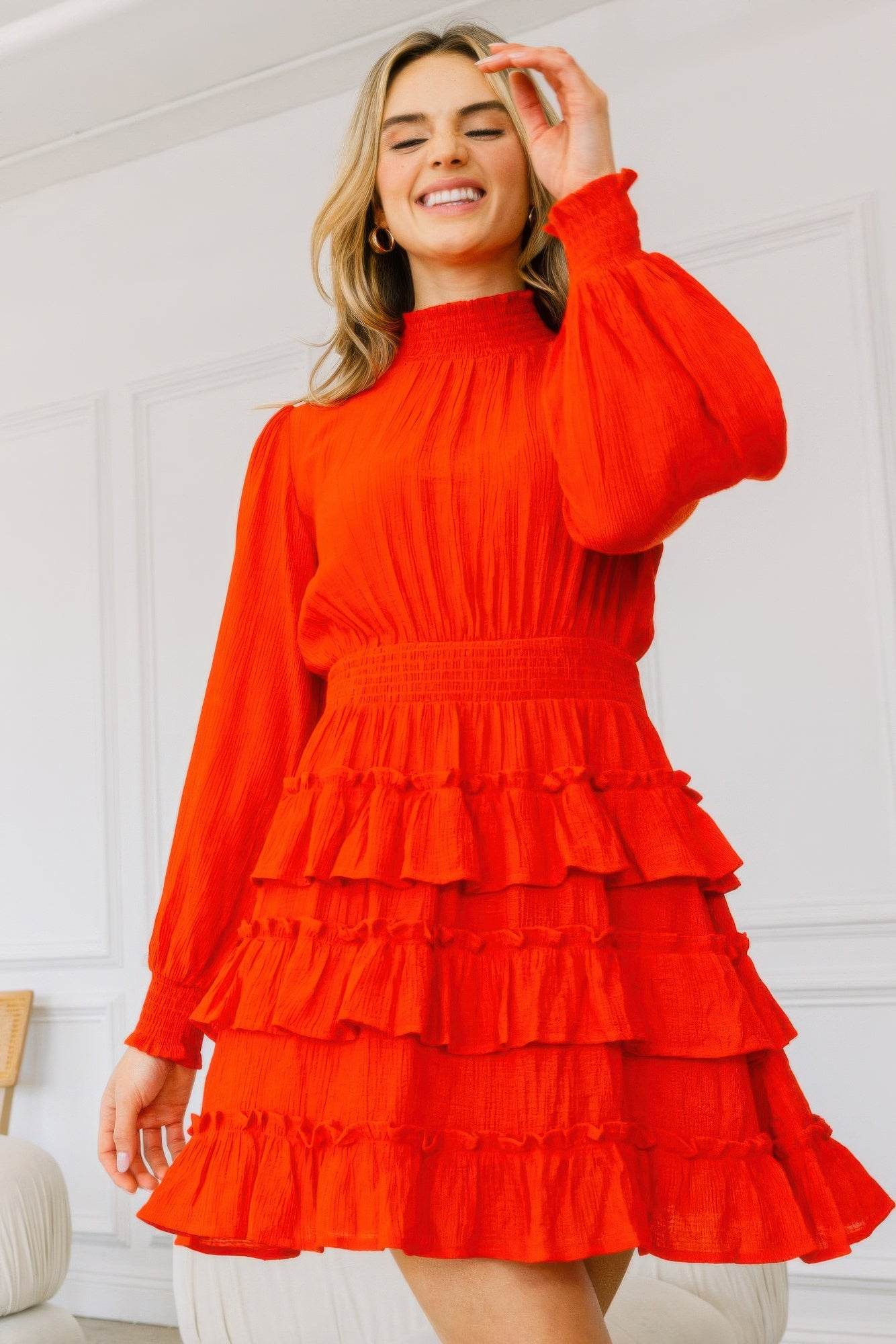 Long Sleeve Smocked Neck Tiered Ruffle Mini Dress - us.meeeshop