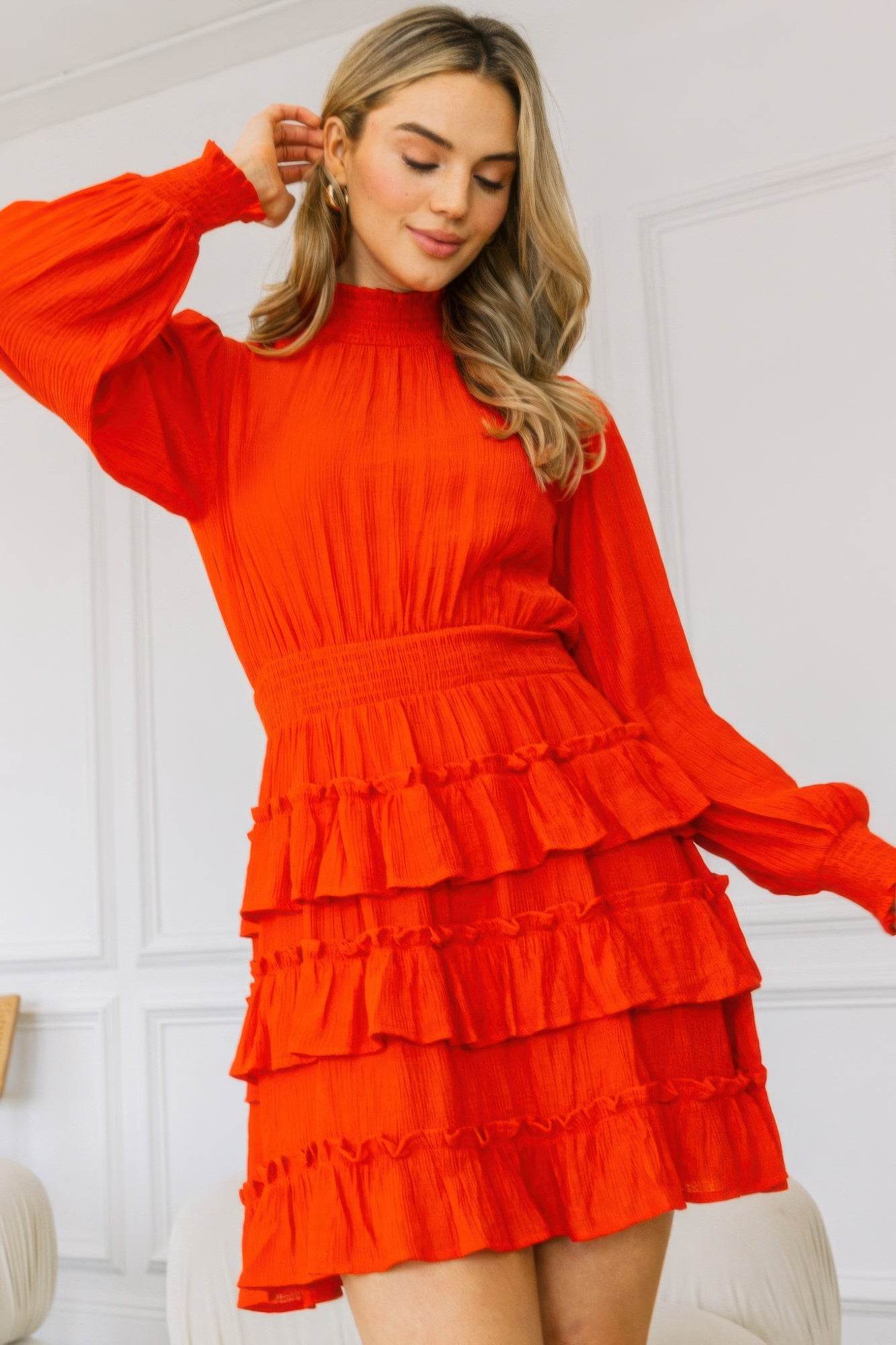 Long Sleeve Smocked Neck Tiered Ruffle Mini Dress - us.meeeshop