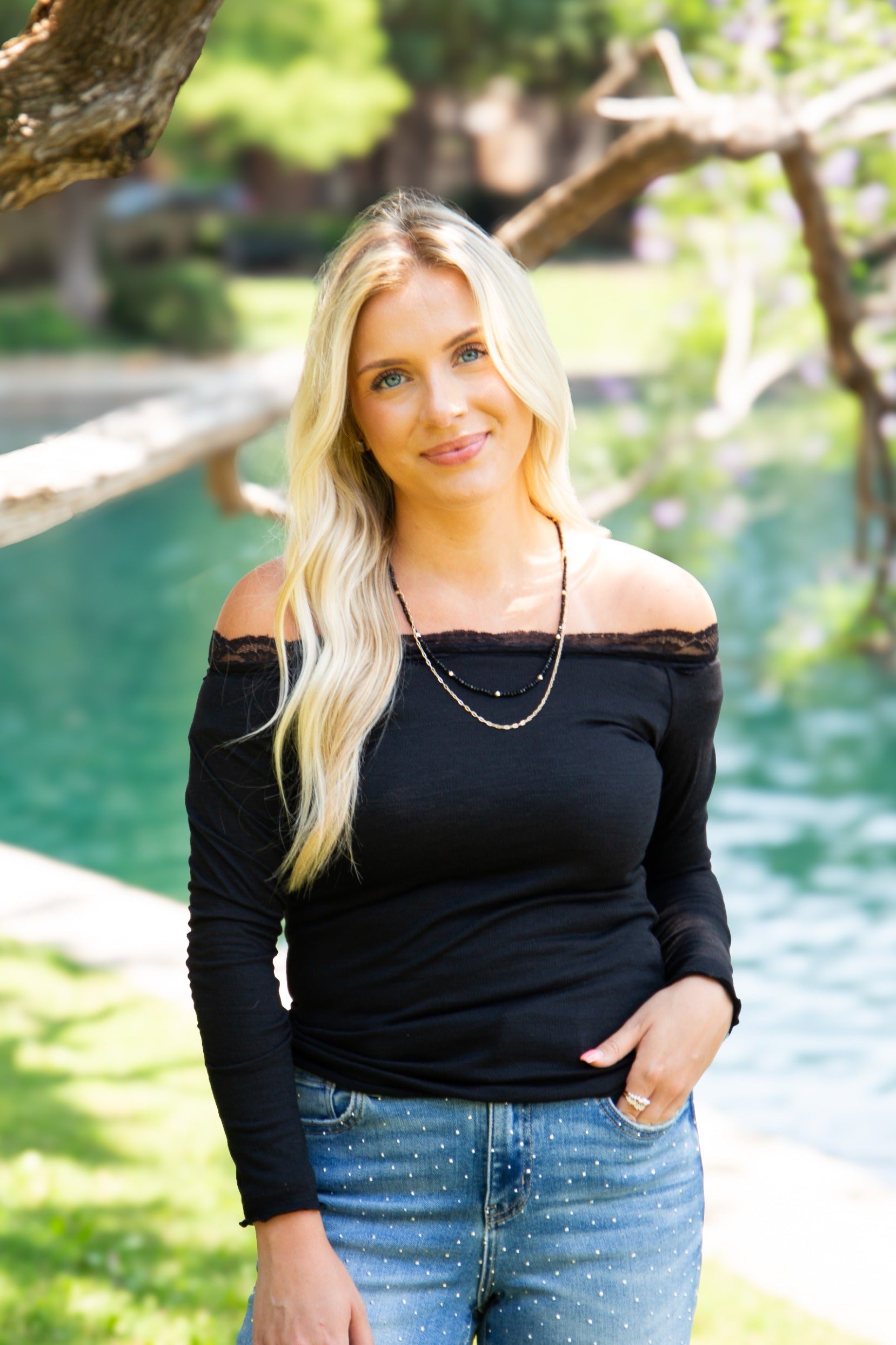 Longsleeve Off-the-shoulder Top with Lace Trim, Black in Black - Long Sleeve Off Top
