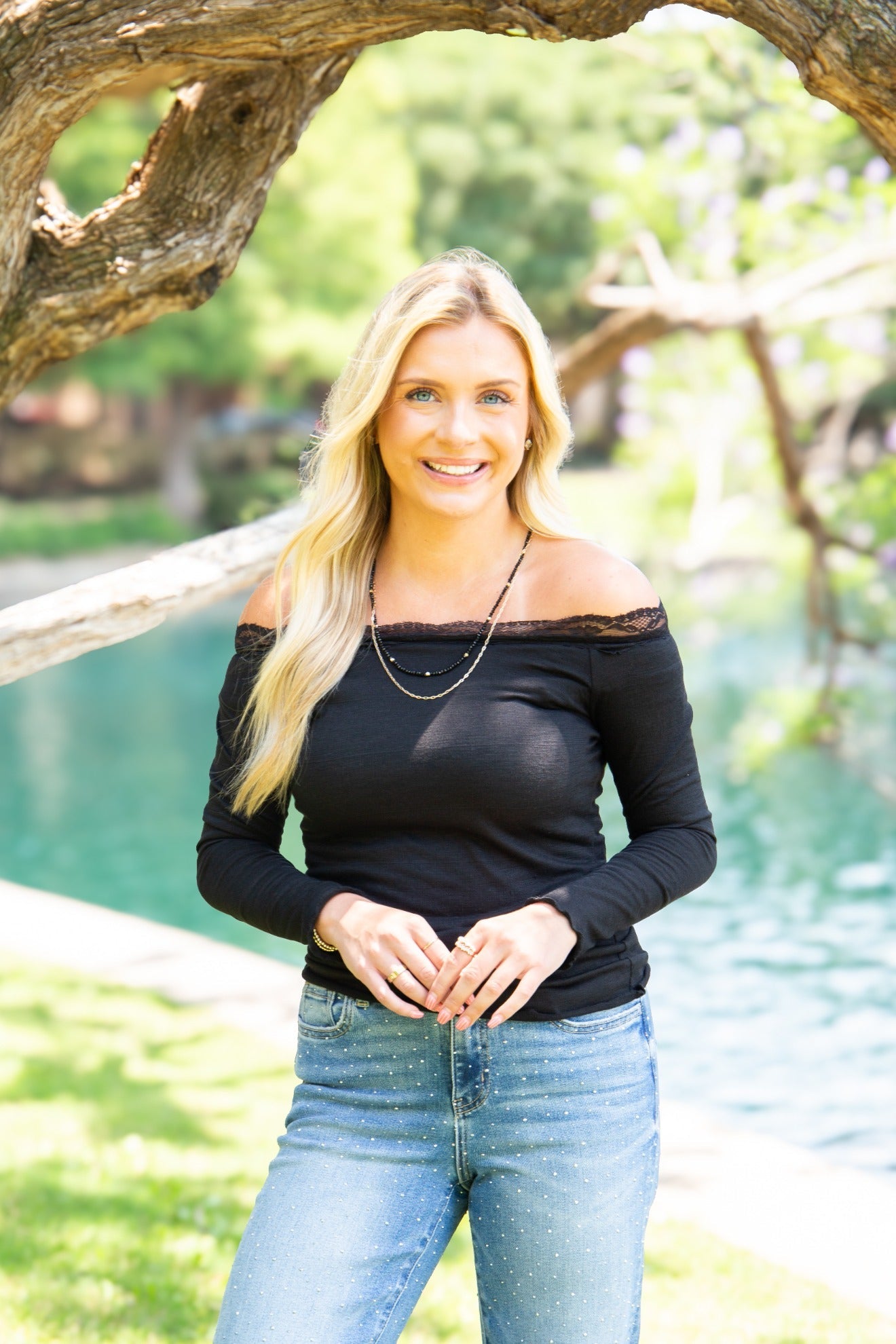 Longsleeve Off-the-shoulder Top with Lace Trim, Black in Black view 3 - Long Sleeve Off Top