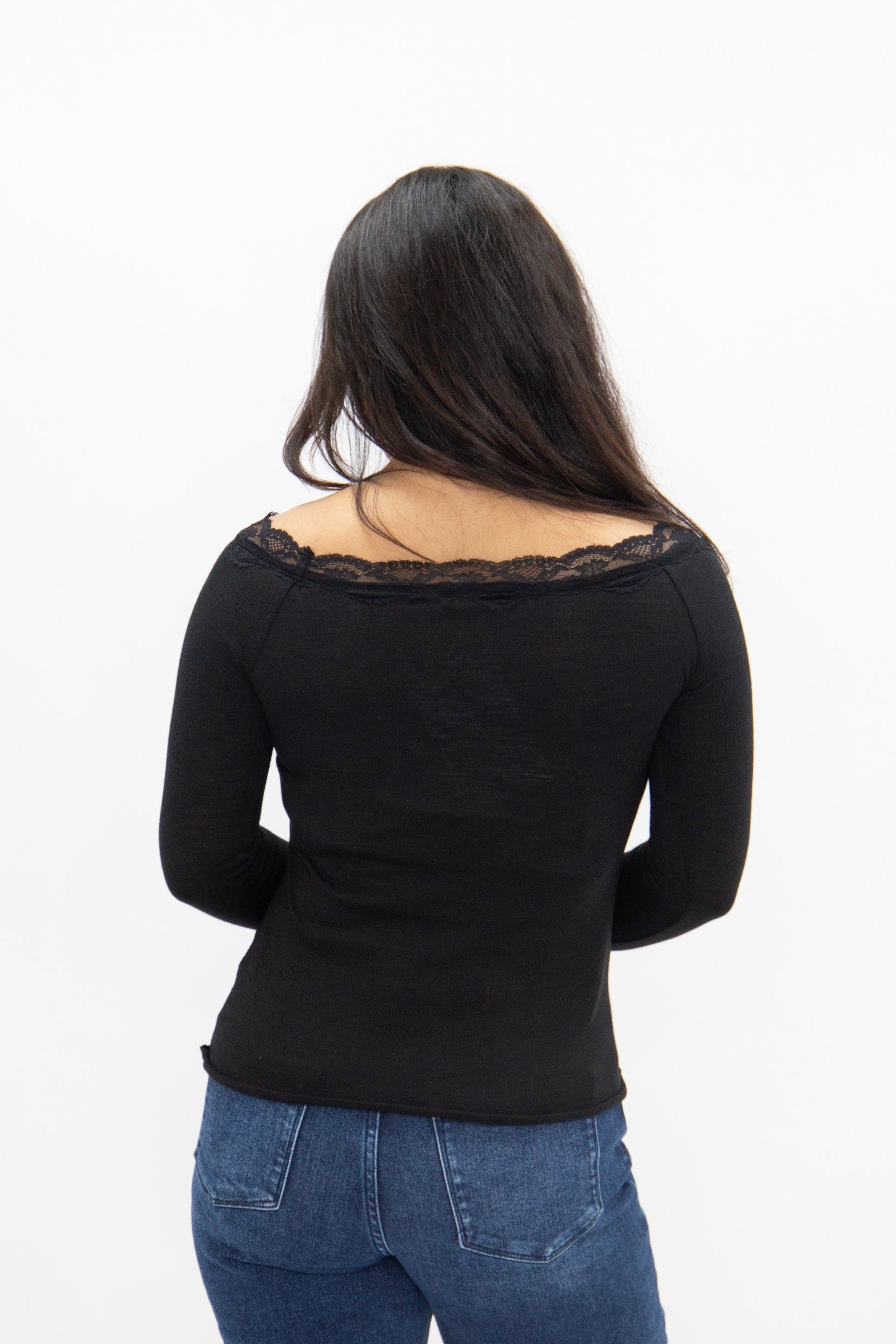 Longsleeve Off-the-shoulder Top with Lace Trim, Black in Black view 7 - Long Sleeve Off Top