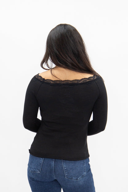 Longsleeve Off-the-shoulder Top with Lace Trim, Black in Black view 7 - Long Sleeve Off Top