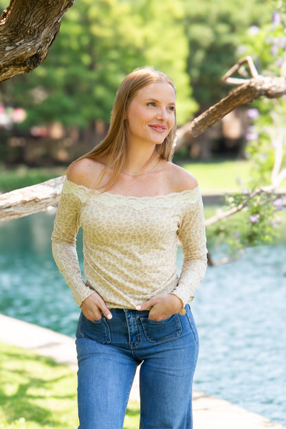 Longsleeve Off-the-shoulder Top with Lace Trim, Leopard in Leopard - Long Sleeve Off Top