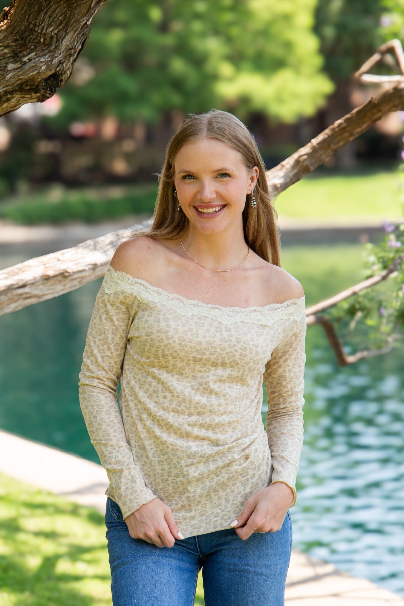 Longsleeve Off-the-shoulder Top with Lace Trim, Leopard in Leopard view 2 - Long Sleeve Off Top