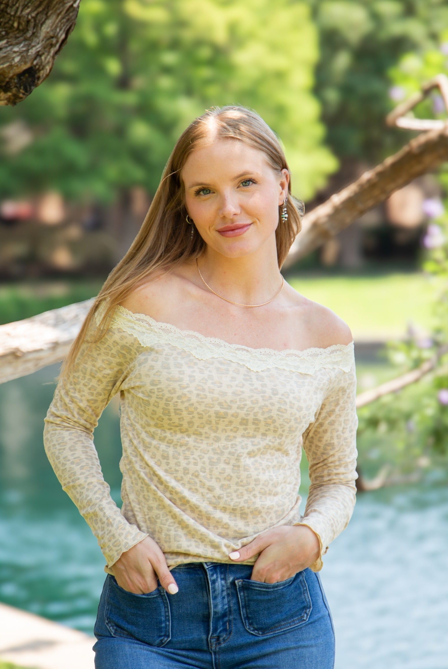 Longsleeve Off-the-shoulder Top with Lace Trim, Leopard in Leopard view 3 - Long Sleeve Off Top