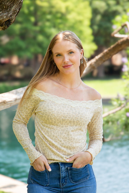 Longsleeve Off-the-shoulder Top with Lace Trim, Leopard in Leopard view 3 - Long Sleeve Off Top