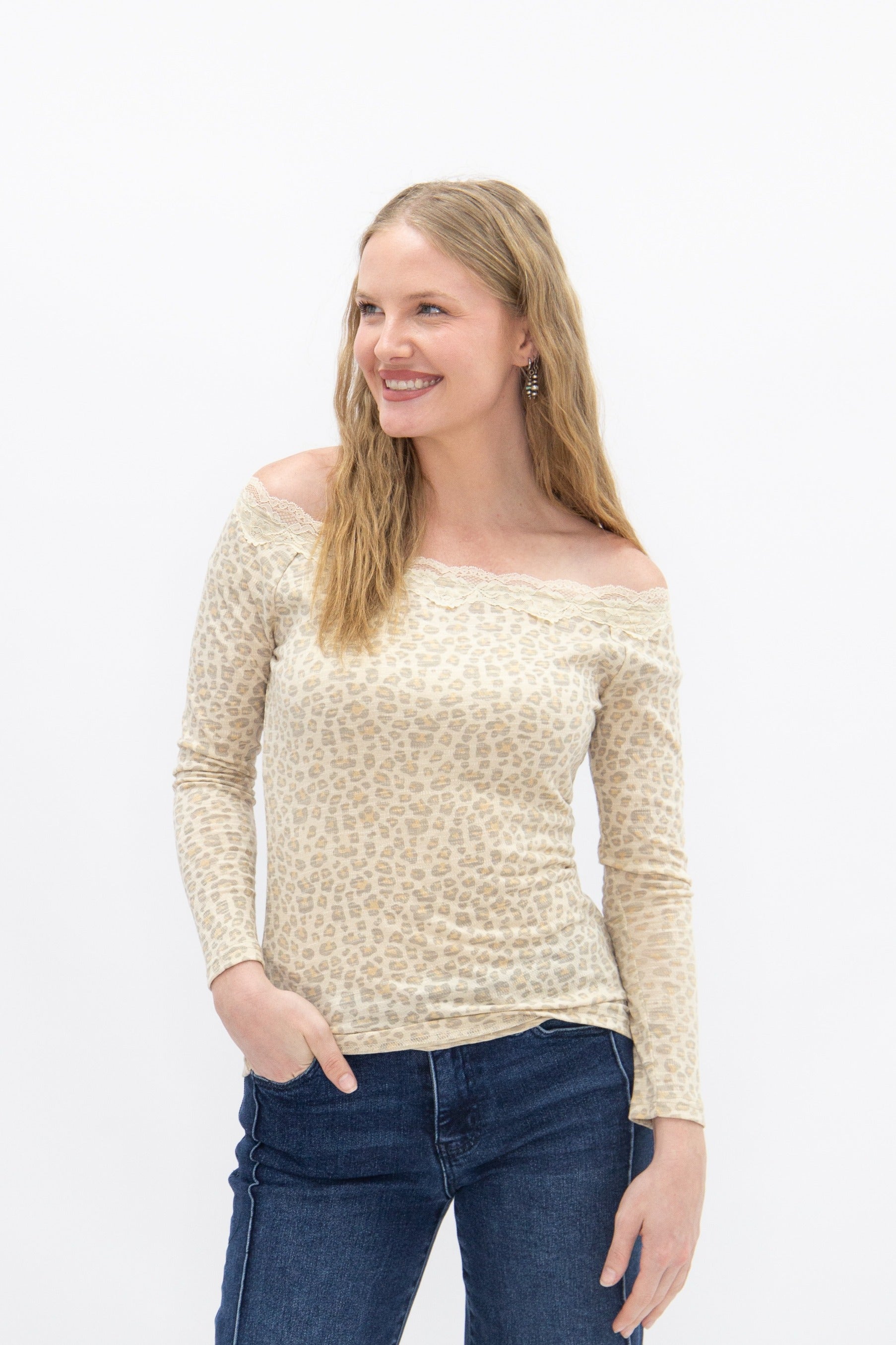 Longsleeve Off-the-shoulder Top with Lace Trim, Leopard in Leopard view 5 - Long Sleeve Off Top