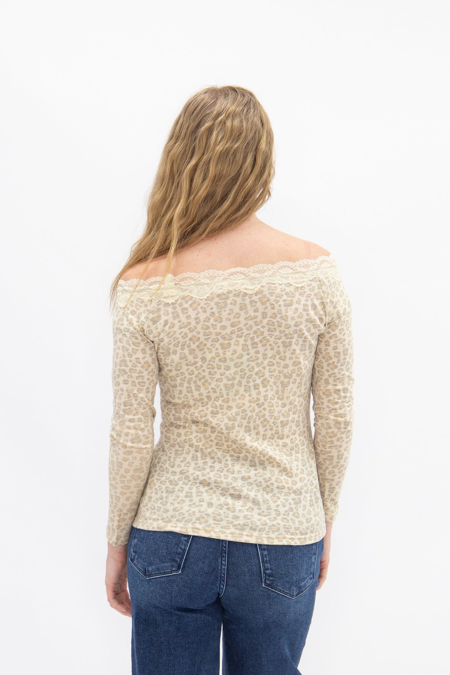 Longsleeve Off-the-shoulder Top with Lace Trim, Leopard in Leopard view 7 - Long Sleeve Off Top