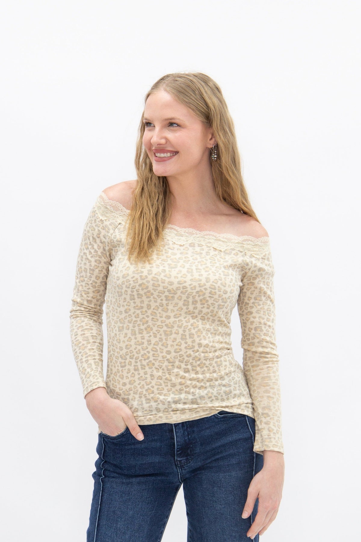 Longsleeve Off-the-shoulder Top with Lace Trim, Leopard - MeeeShop Women's Fashion