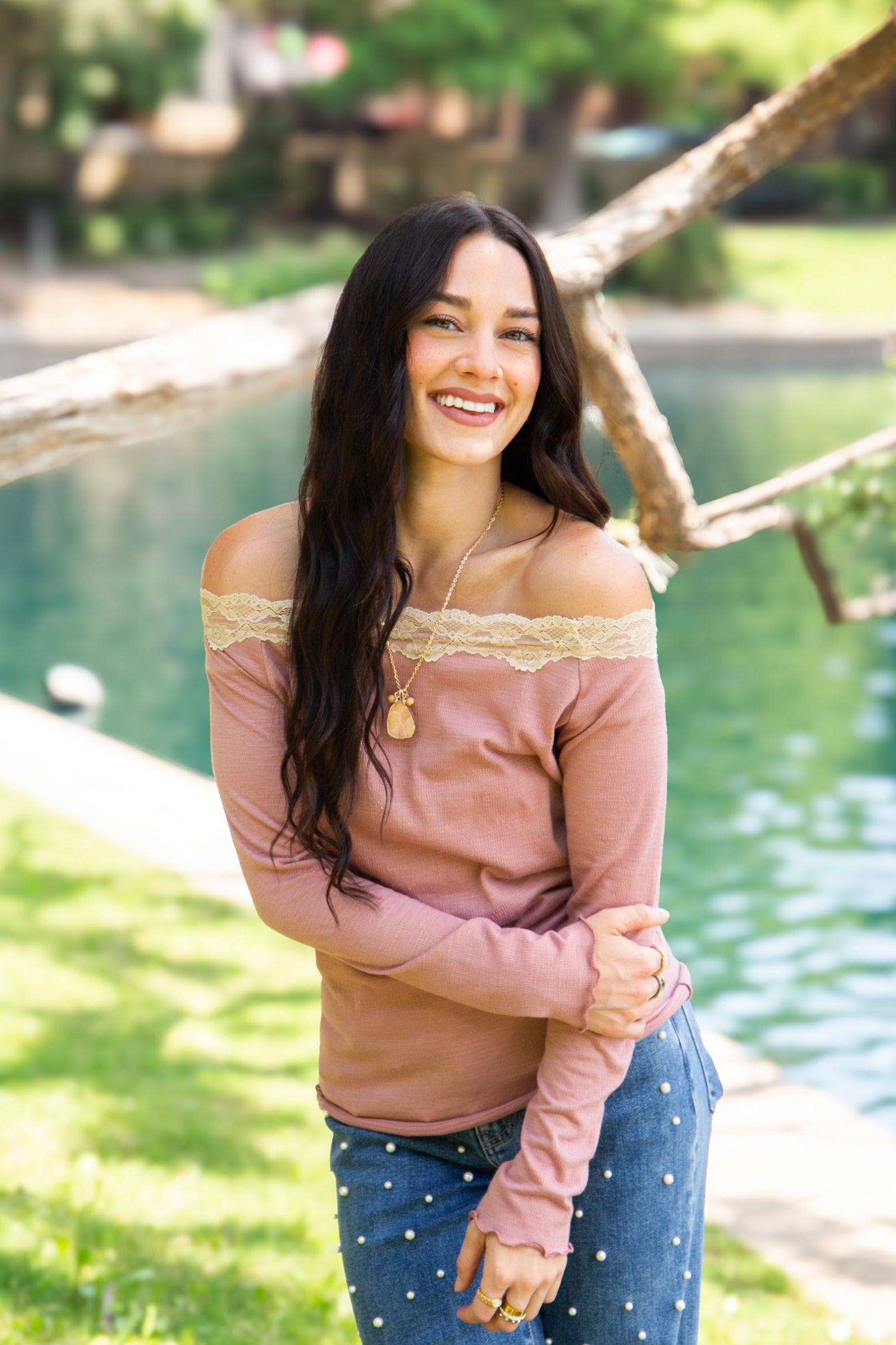 Longsleeve Off-the-shoulder Top with Lace Trim, Mauve in Mauve - Long Sleeve Off Top