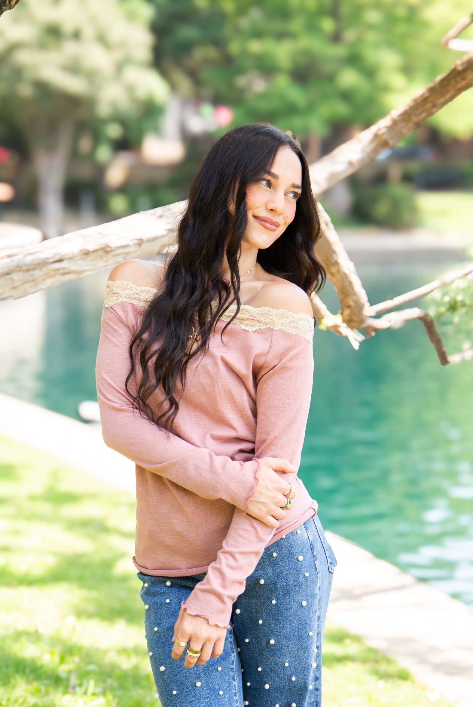 Longsleeve Off-the-shoulder Top with Lace Trim, Mauve in Mauve view 2 - Long Sleeve Off Top