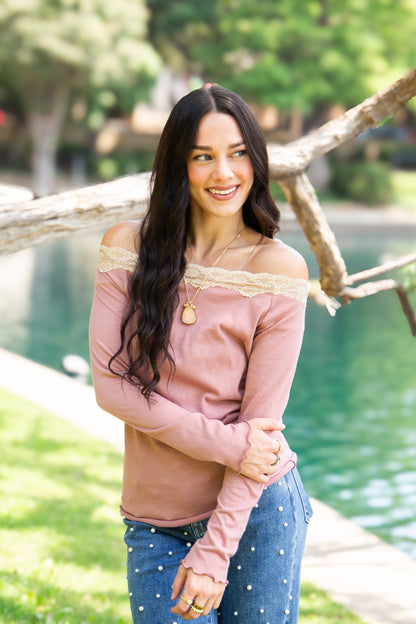 Longsleeve Off-the-shoulder Top with Lace Trim, Mauve in Mauve view 3 - Long Sleeve Off Top
