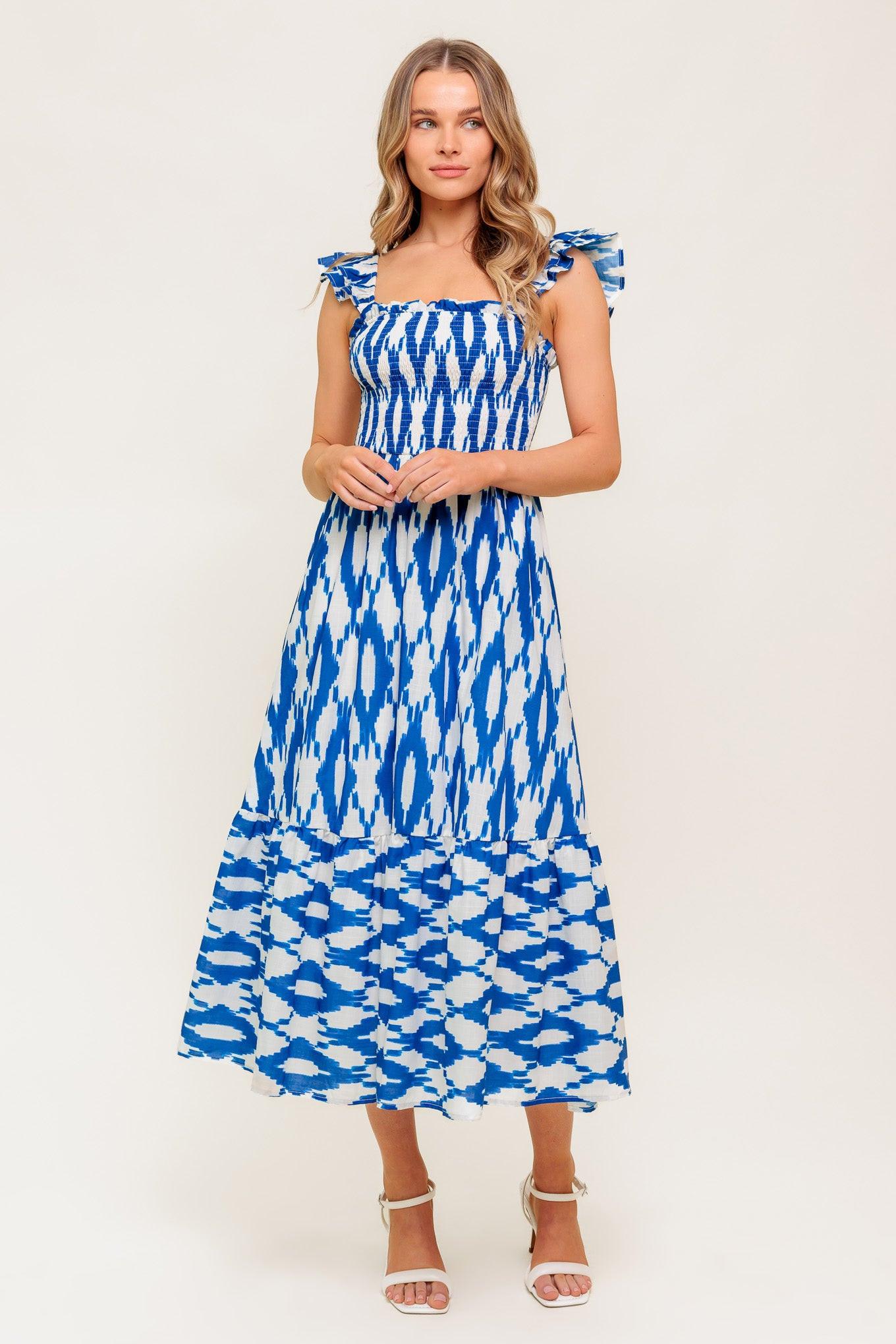 Lost in the Details Woven Midi Dress in IVORY BLUE