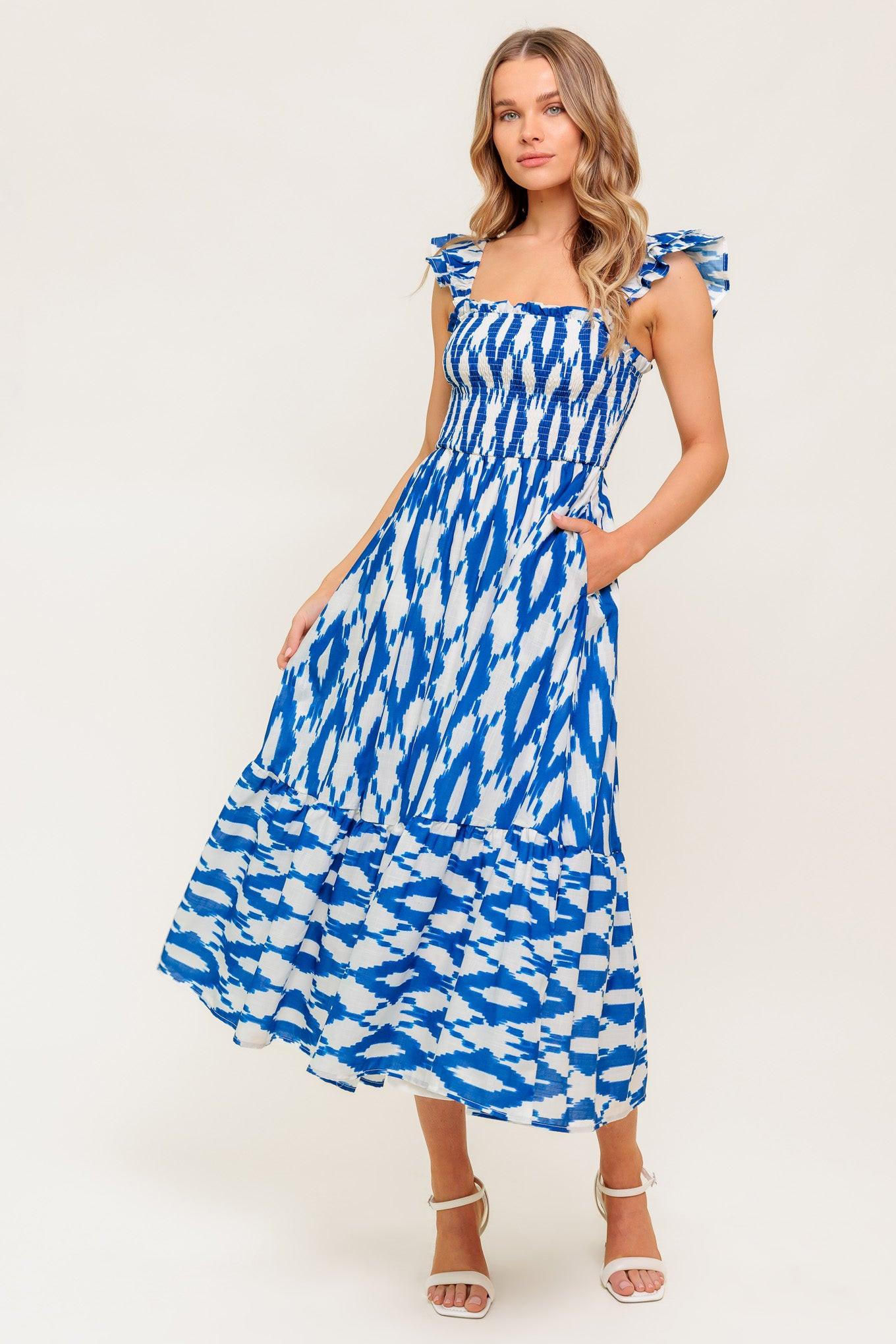 Lost in the Details Woven Midi Dress in IVORY BLUE view 6