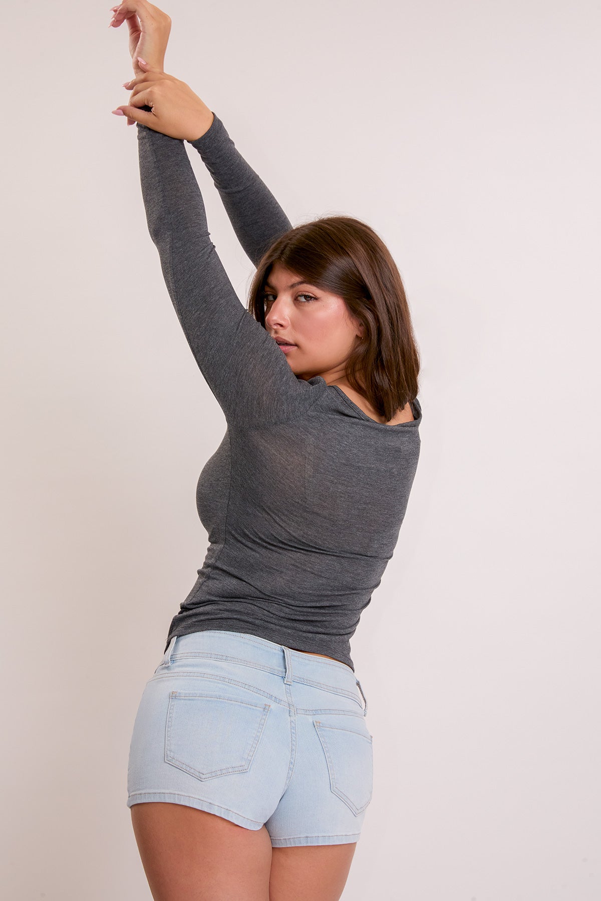 Low Rise 2 Button Slanted Pocket Denim Shorts in Q Celeste Blue view 5 - Low Rise Shorts Womens (bottom)