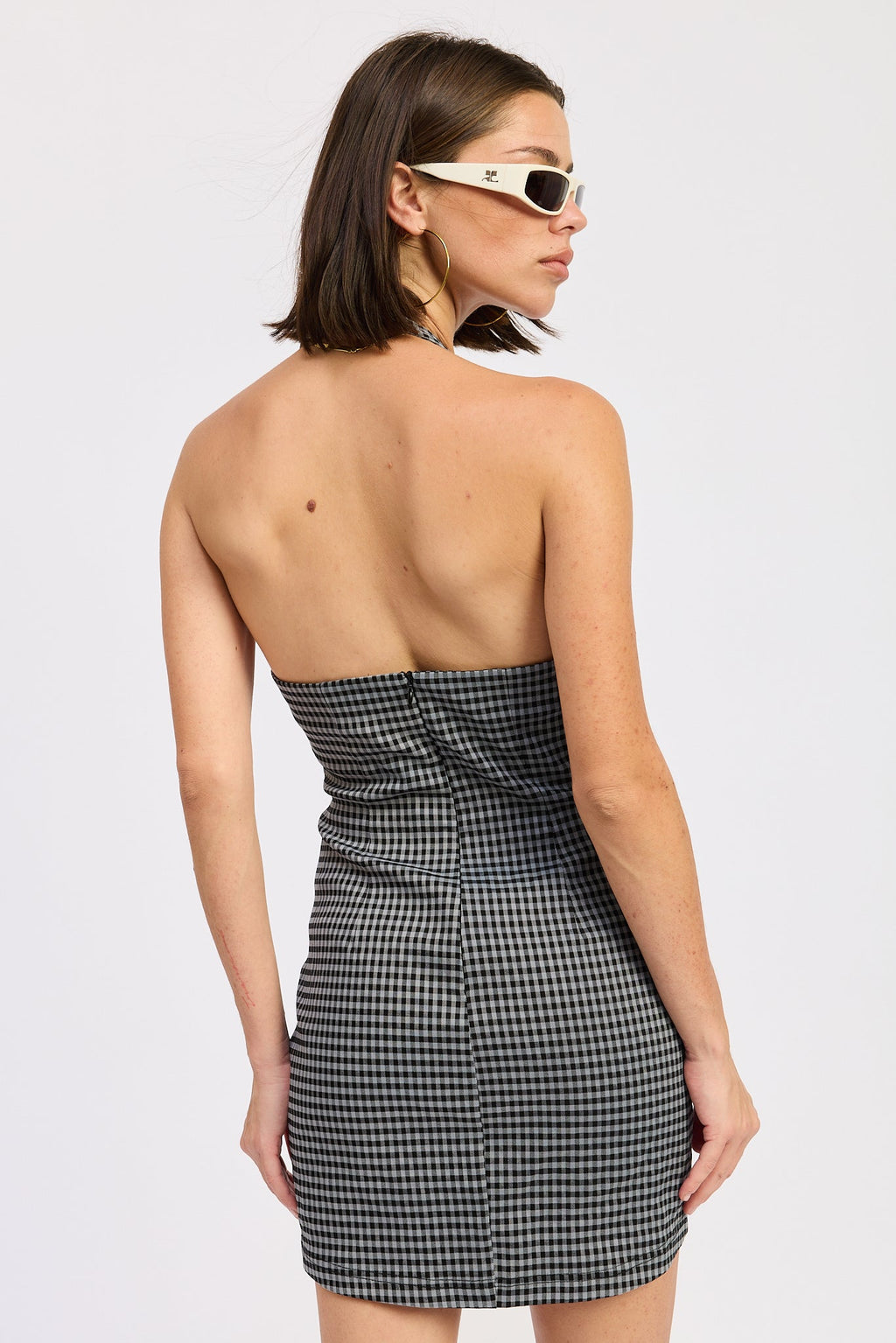 Lucienne Halter Mini Dress Black Gingham view 3 (dress) - lucine ruched silk halter dress, lucy halter  - shop at us.meeeshop