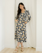 Lucille Abstract Floral Print Split V Neck Long Dress with Sleeves