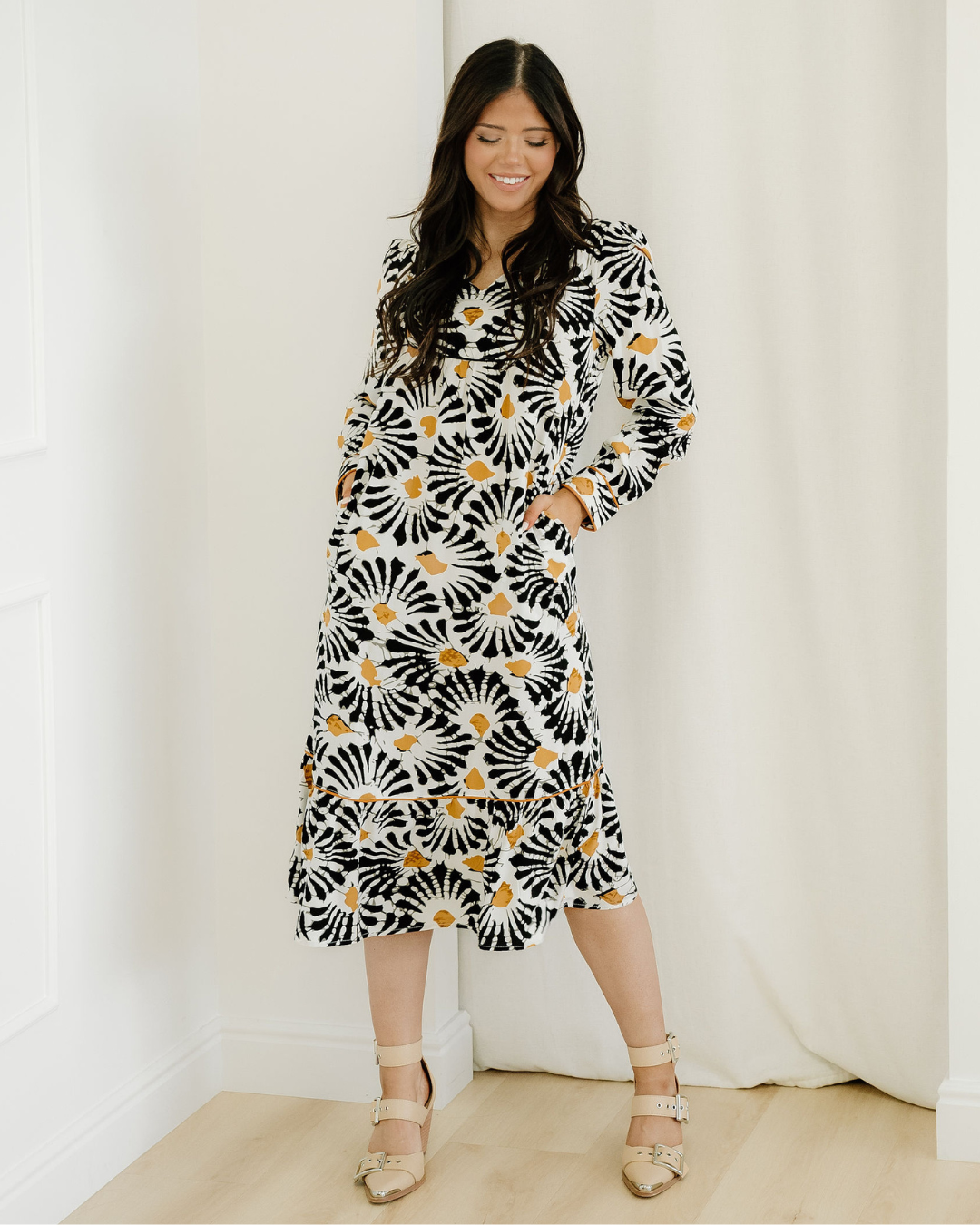 lucille abstract floral Lucille Abstract Floral Print Split V Neck Long Dress with Sleeves view 2 (dress) - shop at us.meeesh