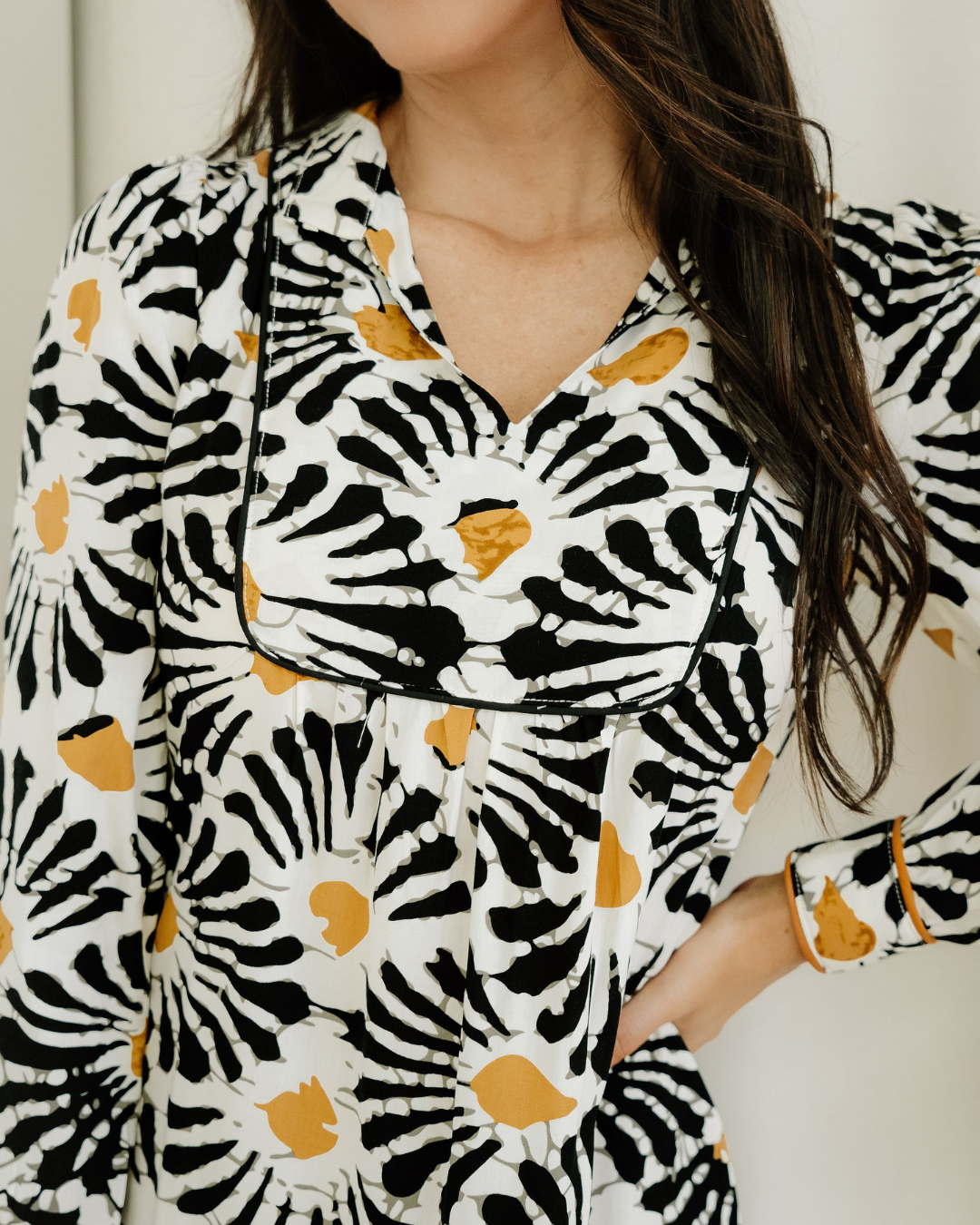 lucille abstract floral Lucille Abstract Floral Print Split V Neck Long Dress with Sleeves view 5 (dress) - shop at us.meeesh
