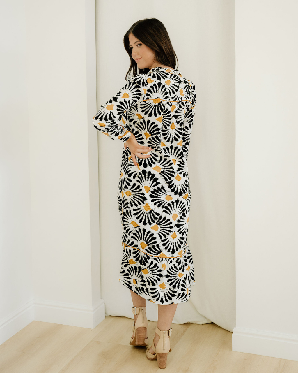 Lucille Abstract Floral Print Split V Neck Long Dress with Sleeves view 8 (dress) - long dress, split l - shop at us.meeeshop