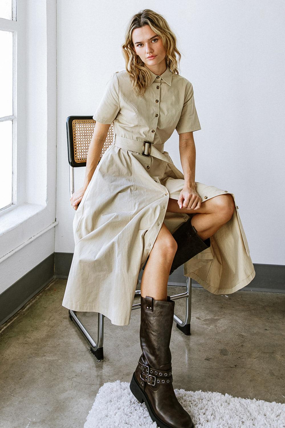 Lucky Me Woven Midi Dress in TAUPE view 10