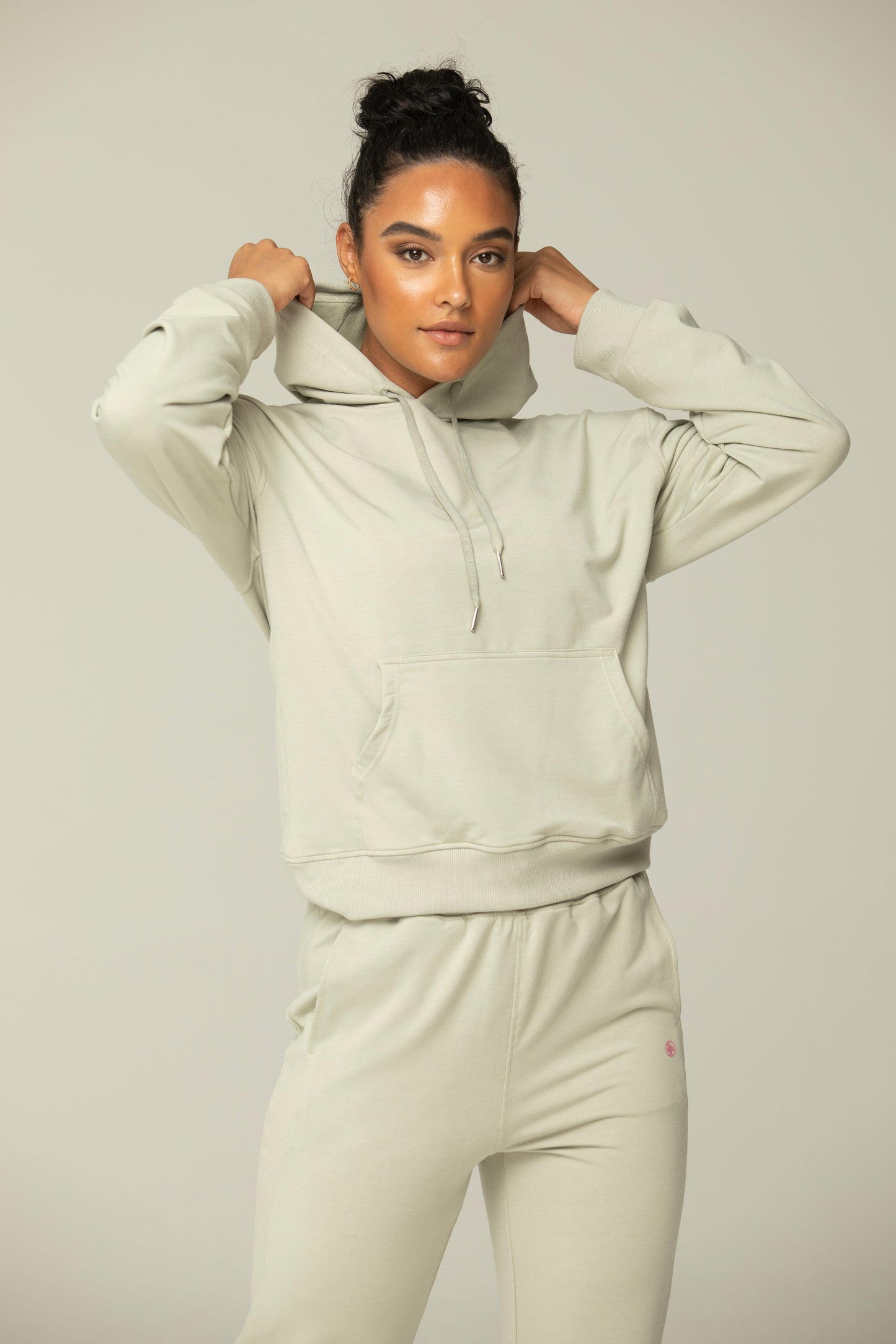 Luna Relaxed Fit Hoodie for Women – Soft Cotton Blend Athleisure Sweatshirt with Kangaroo Pocket in SAGE GREEN view 3