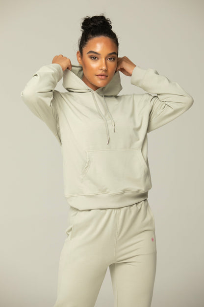 Luna Relaxed Fit Hoodie for Women – Soft Cotton Blend Athleisure Sweatshirt with Kangaroo Pocket in SAGE GREEN view 3