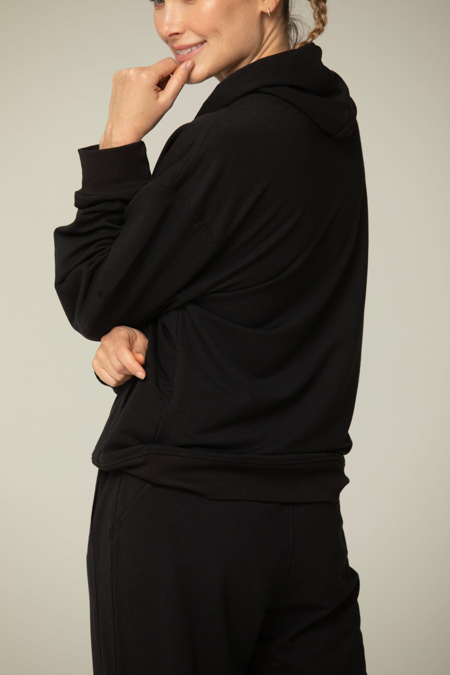 Luna Relaxed Fit Hoodie for Women – Soft Cotton Blend Athleisure Sweatshirt with Kangaroo Pocket in BLACK view 7