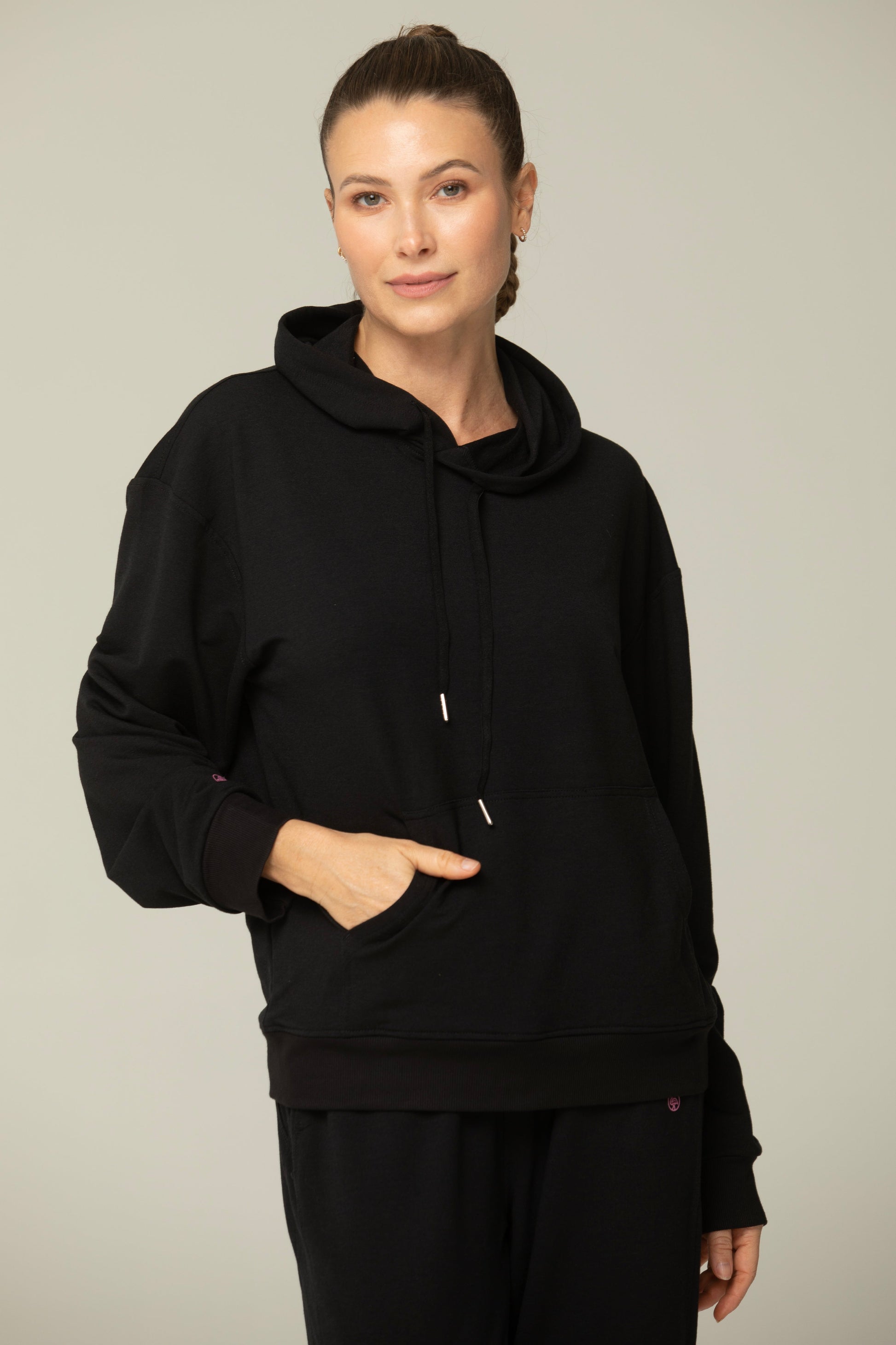 Luna Relaxed Fit Hoodie for Women – Soft Cotton Blend Athleisure Sweatshirt with Kangaroo Pocket in BLACK view 8