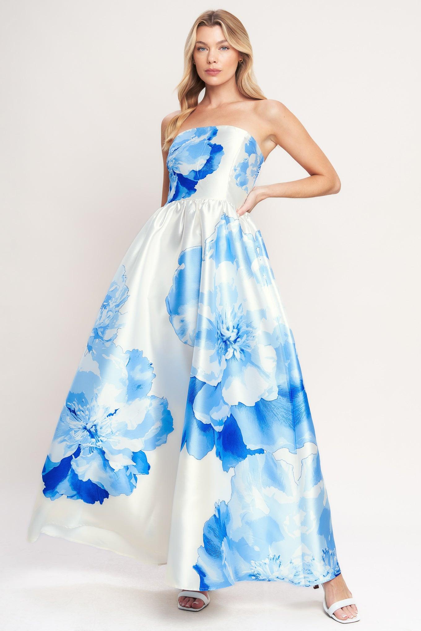 Luxe Peony Woven Maxi Dress in IVORY BLUE