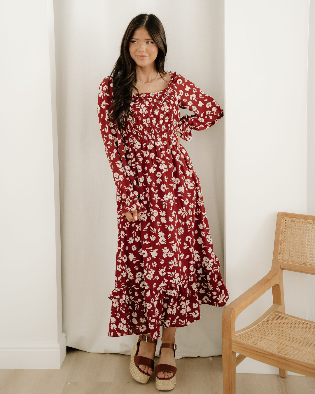 Lydia Sleeve Square Neck Smocked Maxi Dress Red view 3 (dress) - maxi dress, smocked maxi dress - shop at us.meeeshop