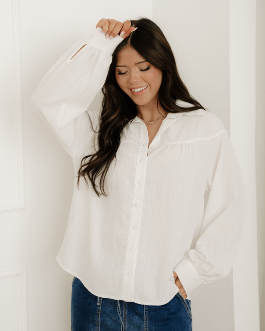Mabel Crinkled Texture Lantern Sleeve Button Down Loose Shirt in White - Relaxed Fit (top)