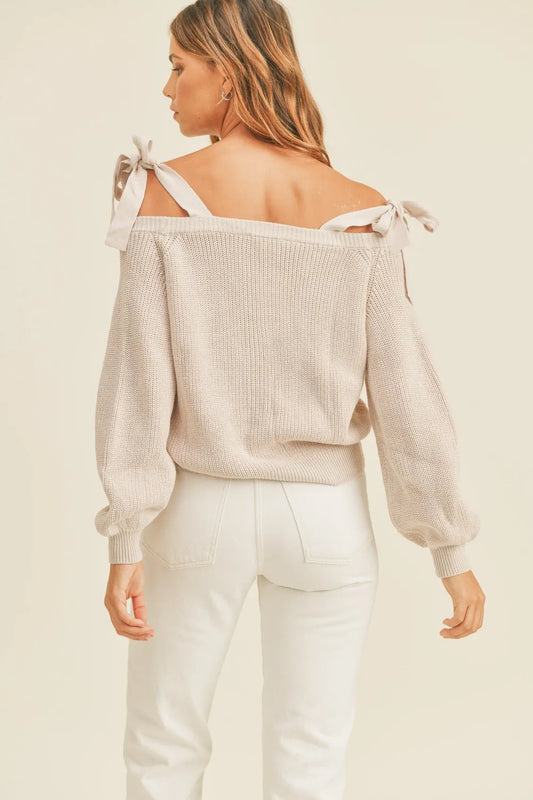 Mable Off Shoulder Self Tie Strap Button Down Sweater in Dusty Lavender view 2 (top)
