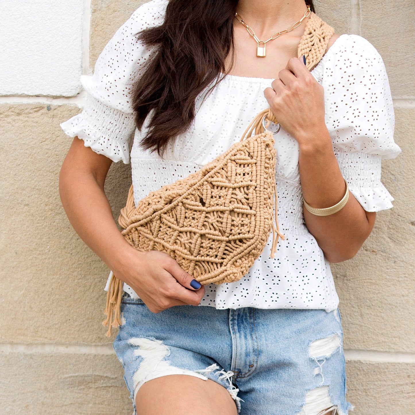 Macrame Sling Bag in Khaki - Macrame Sling Bag Price