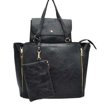 Madeline Love 3 in 1 Side Zipper Women's Tote Handbag Set in Black - Women'S Zipper Tote Handbags (one-piece)