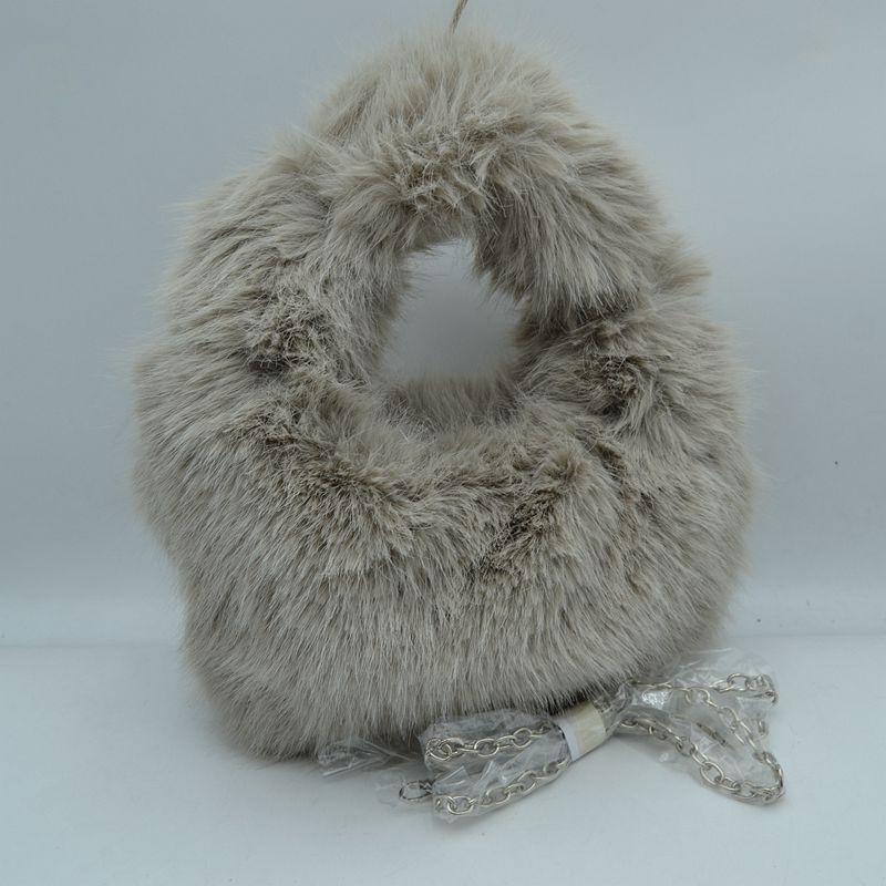 Madeline Love Fluffy Plush Handbag with Integrated Top Handle and Chain Strap in Stone - Chai Handbag