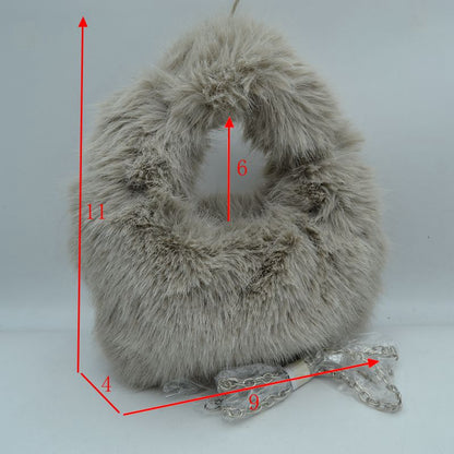 Madeline Love Fluffy Plush Handbag with Integrated Top Handle and Chain Strap in Taupe view 2 - Chai Handbag