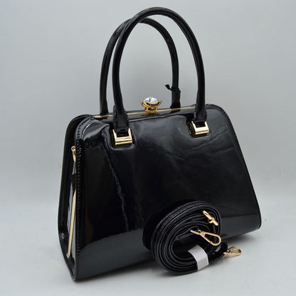 Madeline Love Patent Frame Satchel Handbag with Top Handles and Pearl Clasp in Black - Pearl Handbag