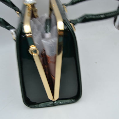 Madeline Love Patent Frame Satchel Handbag with Top Handles and Pearl Clasp view 7 - Pearl Handbag